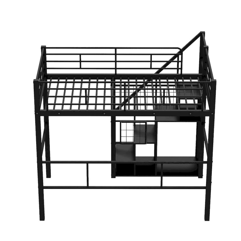 Lit mezzanine moderne de taille double avec escalier de rangement et petite armoire, cadre de lit mezzanine en métal robuste avec barrières de sécurité pour enfants garçons et filles
