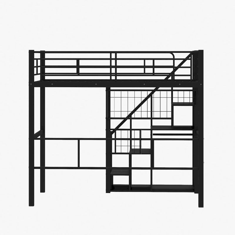Lit mezzanine moderne de taille double avec escalier de rangement et petite armoire, cadre de lit mezzanine en métal robuste avec barrières de sécurité pour enfants garçons et filles