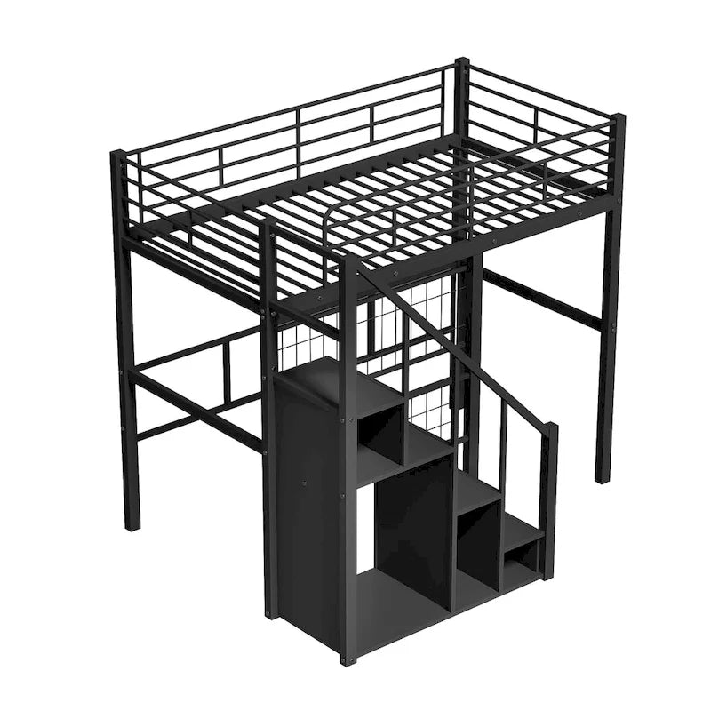 Lit mezzanine moderne de taille double avec escalier de rangement et petite armoire, cadre de lit mezzanine en métal robuste avec barrières de sécurité pour enfants garçons et filles