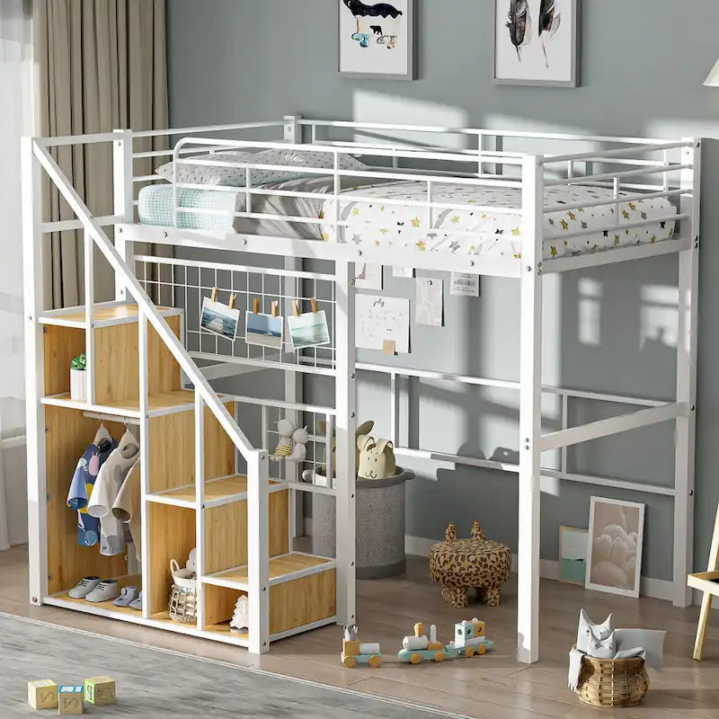 Lit mezzanine moderne de taille double avec escalier de rangement et petite armoire, cadre de lit mezzanine en métal robuste avec barrières de sécurité pour enfants garçons et filles