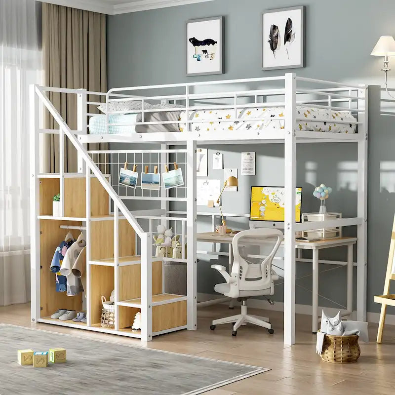 Lit mezzanine moderne de taille double avec escalier de rangement et petite armoire, cadre de lit mezzanine en métal robuste avec barrières de sécurité pour enfants garçons et filles