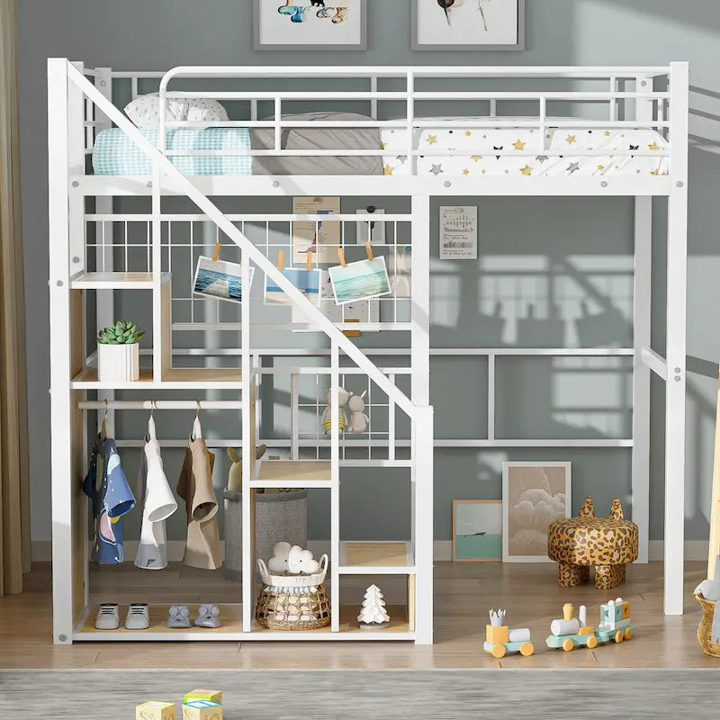 Lit mezzanine moderne de taille double avec escalier de rangement et petite armoire, cadre de lit mezzanine en métal robuste avec barrières de sécurité pour enfants garçons et filles