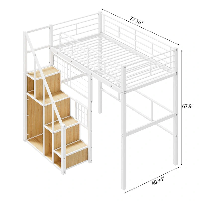 Lit mezzanine moderne de taille double avec escalier de rangement et petite armoire, cadre de lit mezzanine en métal robuste avec barrières de sécurité pour enfants garçons et filles