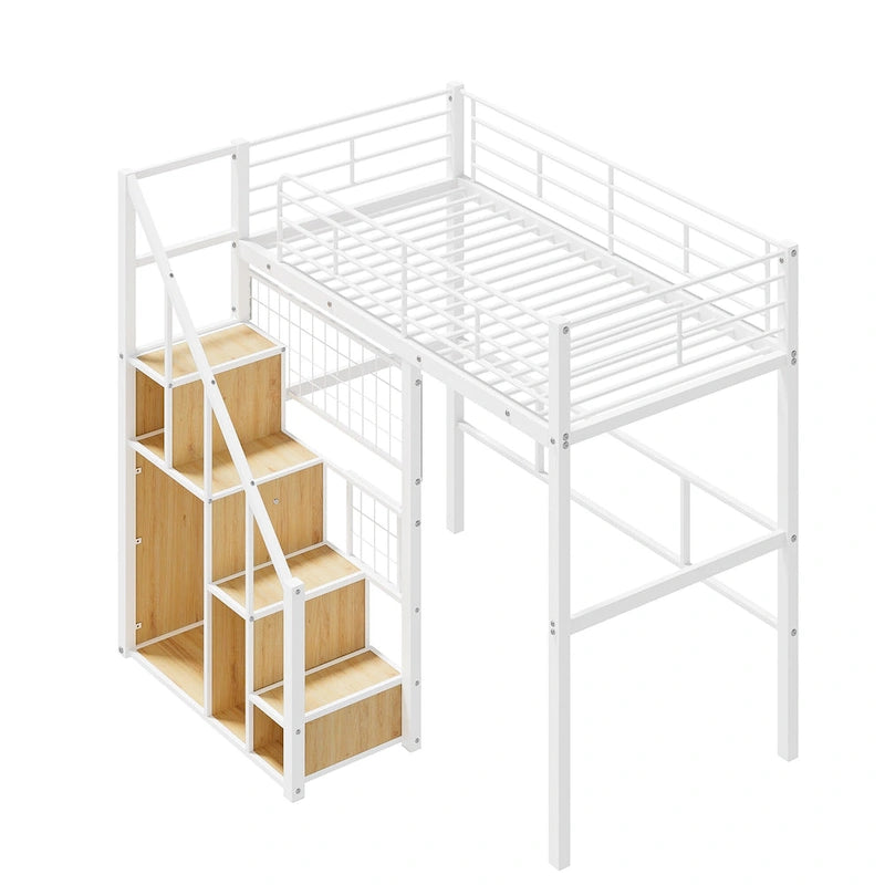 Lit mezzanine moderne de taille double avec escalier de rangement et petite armoire, cadre de lit mezzanine en métal robuste avec barrières de sécurité pour enfants garçons et filles