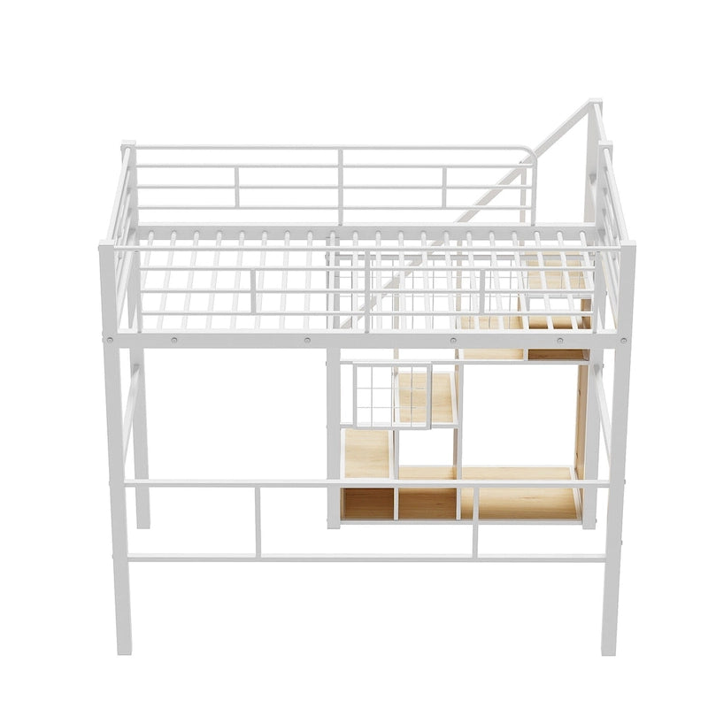 Lit mezzanine moderne de taille double avec escalier de rangement et petite armoire, cadre de lit mezzanine en métal robuste avec barrières de sécurité pour enfants garçons et filles