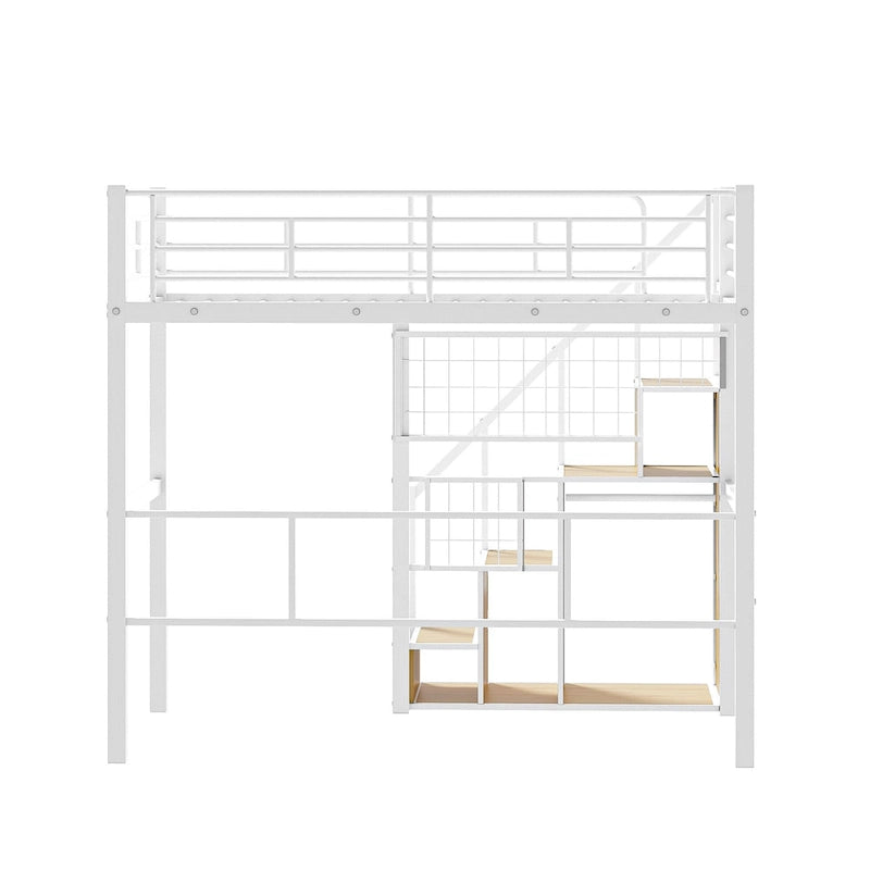 Lit mezzanine moderne de taille double avec escalier de rangement et petite armoire, cadre de lit mezzanine en métal robuste avec barrières de sécurité pour enfants garçons et filles