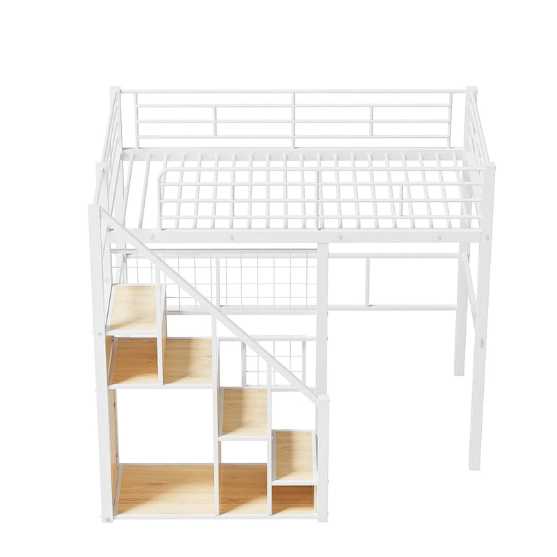 Lit mezzanine moderne de taille double avec escalier de rangement et petite armoire, cadre de lit mezzanine en métal robuste avec barrières de sécurité pour enfants garçons et filles