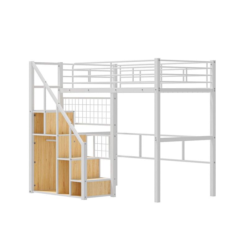 Lit mezzanine moderne de taille double avec escalier de rangement et petite armoire, cadre de lit mezzanine en métal robuste avec barrières de sécurité pour enfants garçons et filles