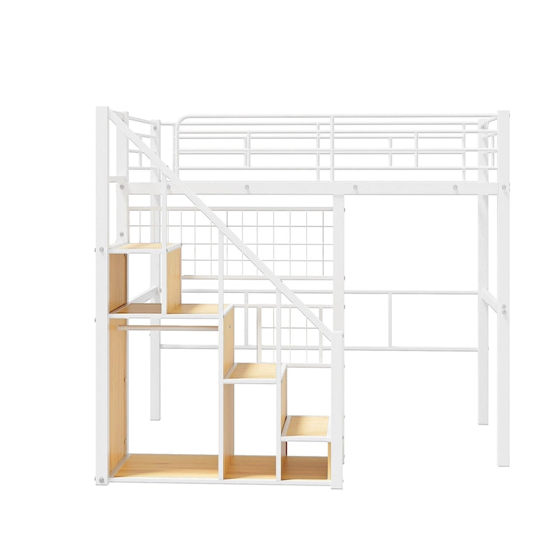 Lit mezzanine moderne de taille double avec escalier de rangement et petite armoire, cadre de lit mezzanine en métal robuste avec barrières de sécurité pour enfants garçons et filles