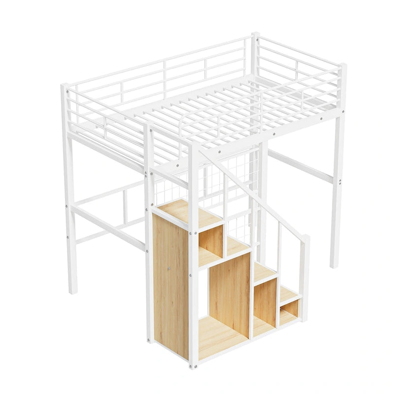Lit mezzanine moderne de taille double avec escalier de rangement et petite armoire, cadre de lit mezzanine en métal robuste avec barrières de sécurité pour enfants garçons et filles