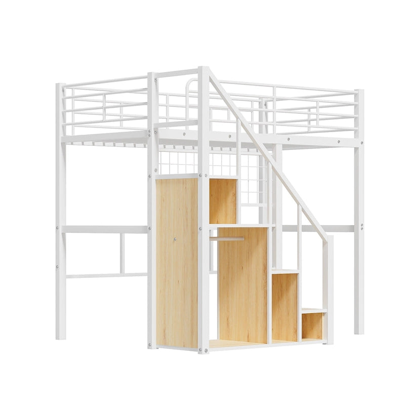 Lit mezzanine moderne de taille double avec escalier de rangement et petite armoire, cadre de lit mezzanine en métal robuste avec barrières de sécurité pour enfants garçons et filles