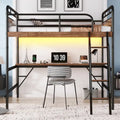 Metal Loft Bed with Desk, LED Lights & USB Charging Station, Loft Bed Frame with Safety Guardrails