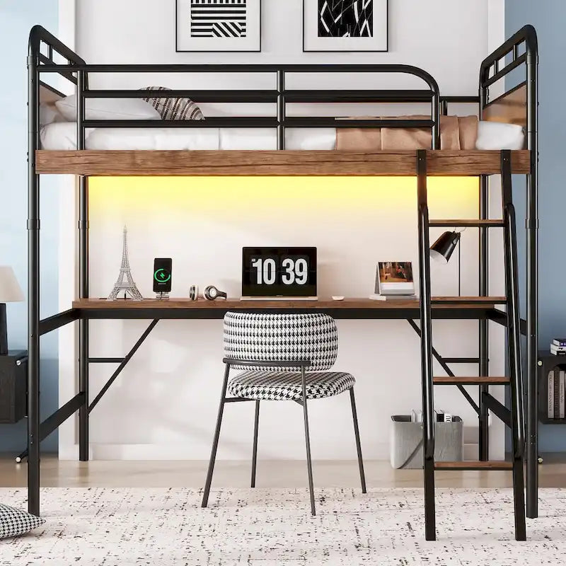 Metal Loft Bed with Desk, LED Lights & USB Charging Station, Loft Bed Frame with Safety Guardrails