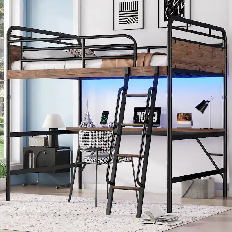 Lit mezzanine en métal avec bureau, lumières LED et station de recharge USB, cadre de lit mezzanine avec barrières de sécurité