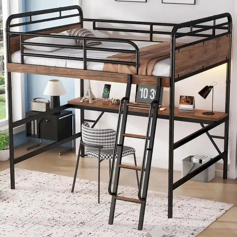 Lit mezzanine en métal avec bureau, lumières LED et station de recharge USB, cadre de lit mezzanine avec barrières de sécurité