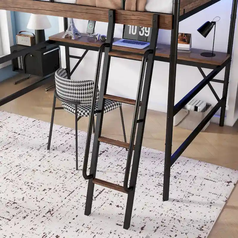 Lit mezzanine en métal avec bureau, lumières LED et station de recharge USB, cadre de lit mezzanine avec barrières de sécurité