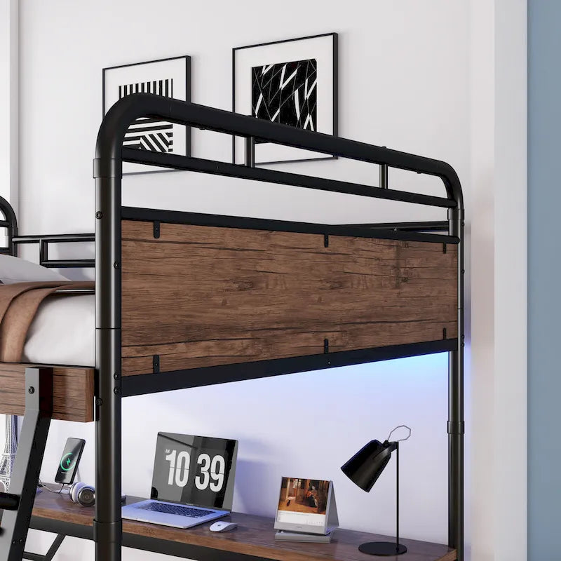 Lit mezzanine en métal avec bureau, lumières LED et station de recharge USB, cadre de lit mezzanine avec barrières de sécurité