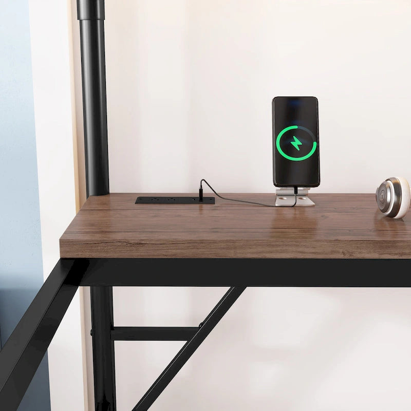 Lit mezzanine en métal avec bureau, lumières LED et station de recharge USB, cadre de lit mezzanine avec barrières de sécurité