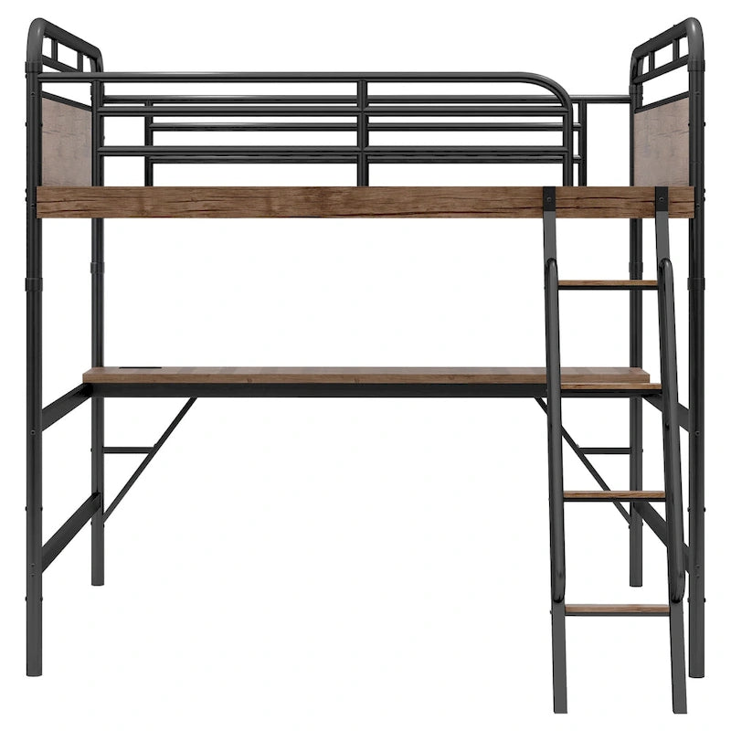 Lit mezzanine en métal avec bureau, lumières LED et station de recharge USB, cadre de lit mezzanine avec barrières de sécurité
