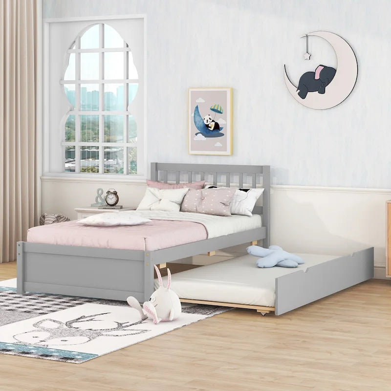 Cadre de lit plateforme double en noyer gris et hévéa avec lit gigogne, design moderne, pas besoin de sommier tapissier