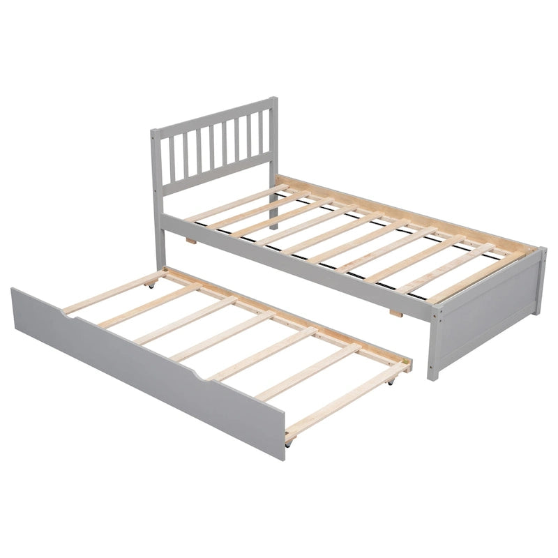 Grey Walnut Rubberwood Twin Size Platform Bed Frame with Trundle, Modern Design, No Box Spring Needed