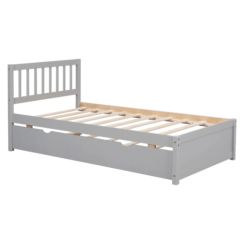 Cadre de lit plateforme double en noyer gris et hévéa avec lit gigogne, design moderne, pas besoin de sommier tapissier