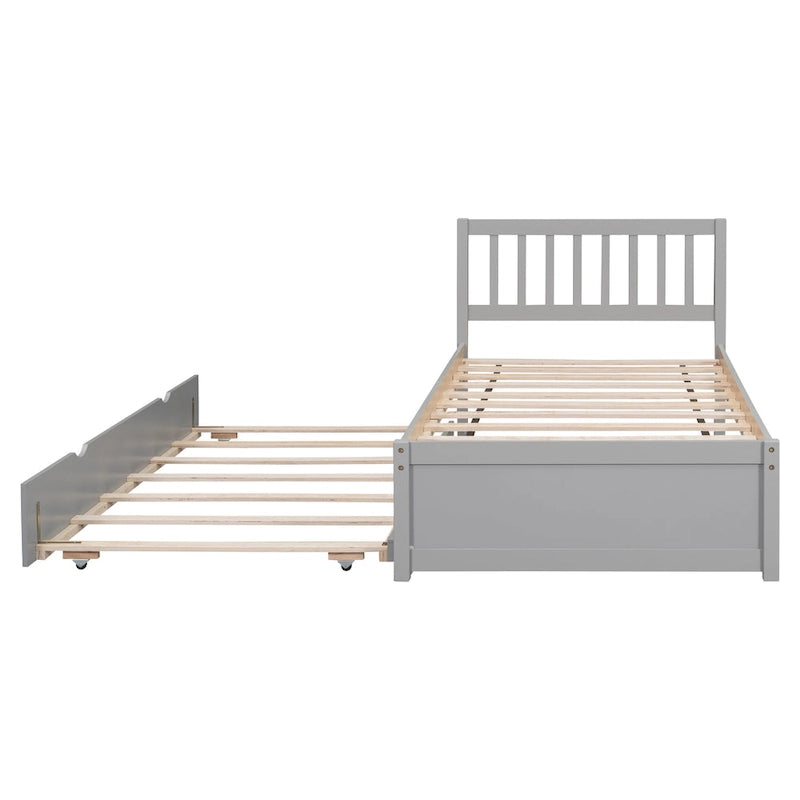 Cadre de lit plateforme double en noyer gris et hévéa avec lit gigogne, design moderne, pas besoin de sommier tapissier