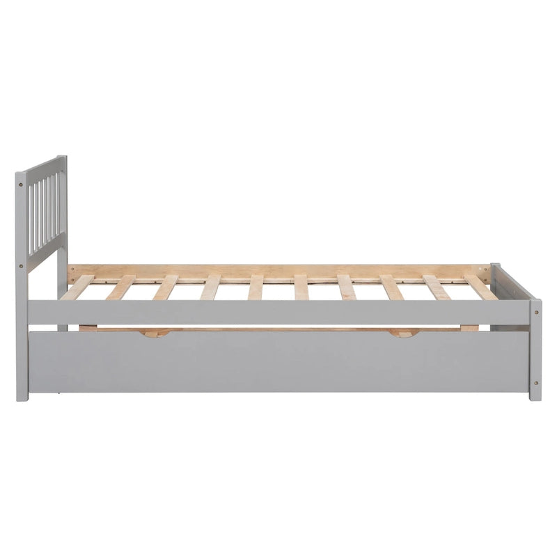 Cadre de lit plateforme double en noyer gris et hévéa avec lit gigogne, design moderne, pas besoin de sommier tapissier