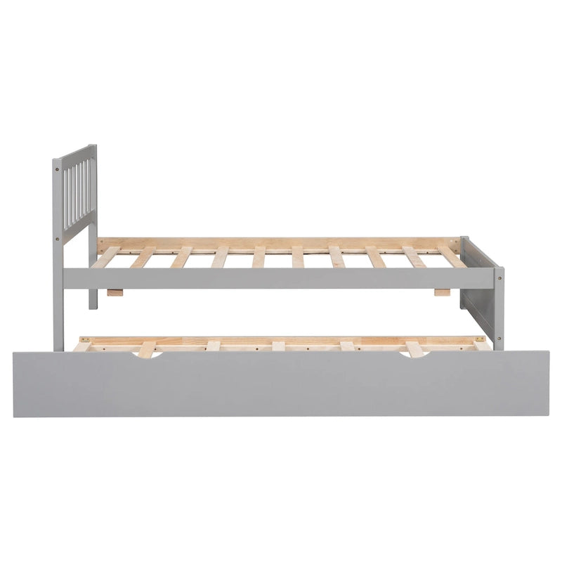 Cadre de lit plateforme double en noyer gris et hévéa avec lit gigogne, design moderne, pas besoin de sommier tapissier