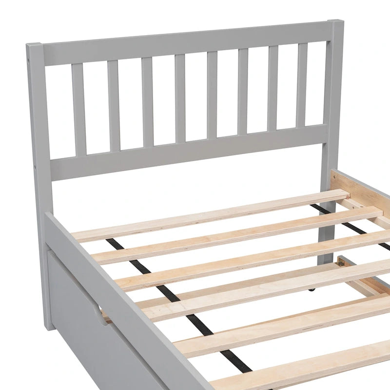 Cadre de lit plateforme double en noyer gris et hévéa avec lit gigogne, design moderne, pas besoin de sommier tapissier