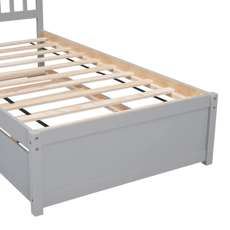 Cadre de lit plateforme double en noyer gris et hévéa avec lit gigogne, design moderne, pas besoin de sommier tapissier