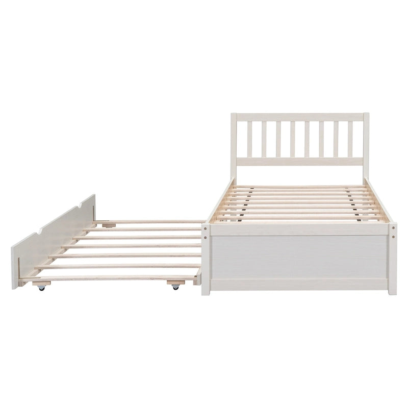 Lit plateforme double en bois d'hévéa et noyer blanc avec tiroir-gigogne, design moderne, pas besoin de sommier tapissier
