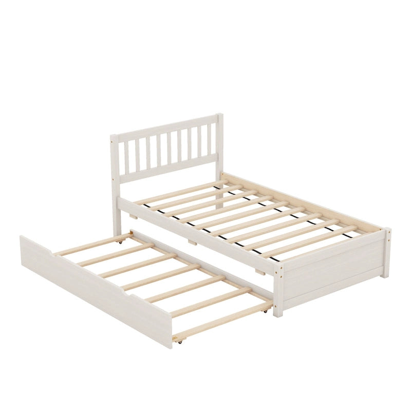 Lit plateforme double en bois d'hévéa et noyer blanc avec tiroir-gigogne, design moderne, pas besoin de sommier tapissier