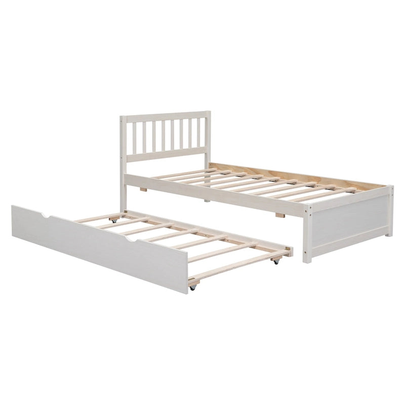 Lit plateforme double en bois d'hévéa et noyer blanc avec tiroir-gigogne, design moderne, pas besoin de sommier tapissier