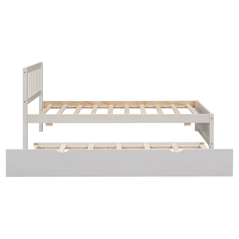 Lit plateforme double en bois d'hévéa et noyer blanc avec tiroir-gigogne, design moderne, pas besoin de sommier tapissier