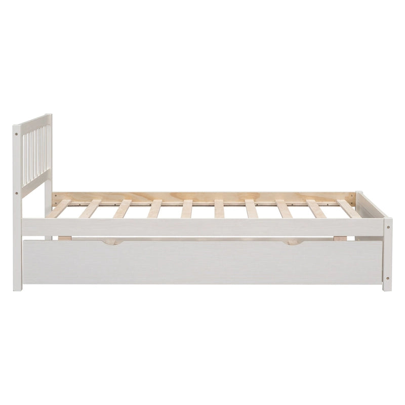 Lit plateforme double en bois d'hévéa et noyer blanc avec tiroir-gigogne, design moderne, pas besoin de sommier tapissier