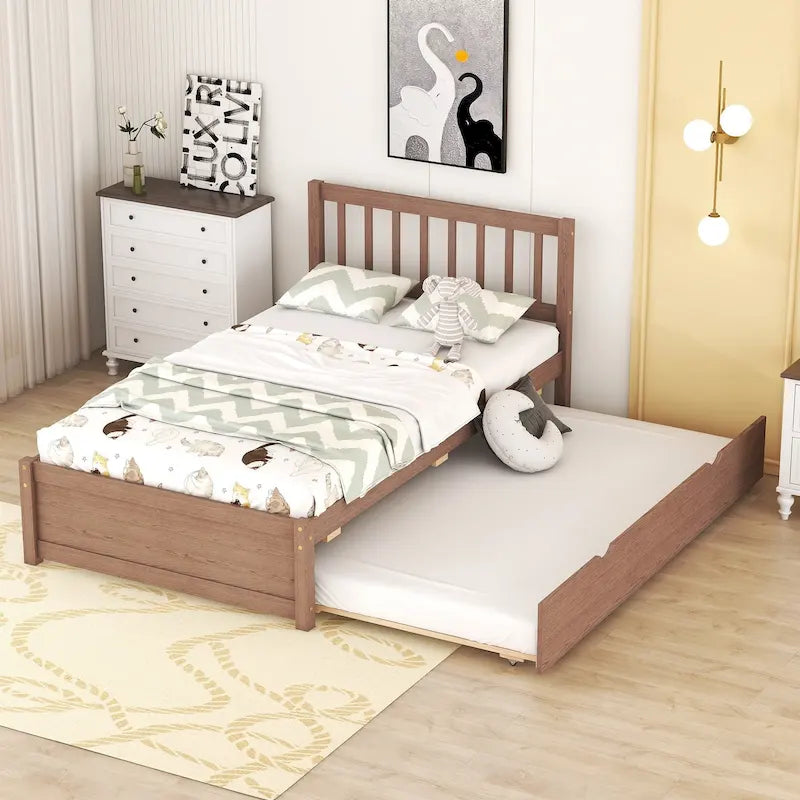 Lit jumeau plateforme en noyer brun avec lit gigogne et tête de lit en forme de clôture - Design moderne et peu encombrant