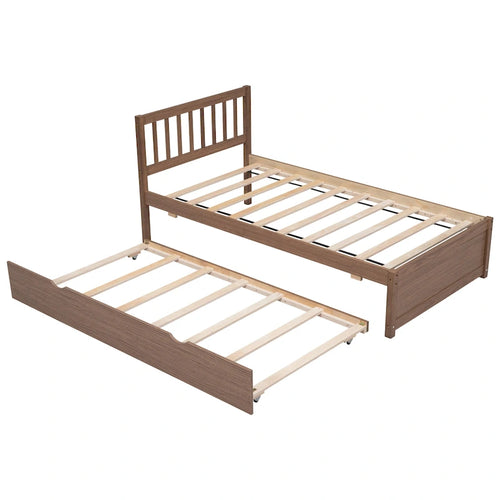 Lit jumeau plateforme en noyer brun avec lit gigogne et tête de lit en forme de clôture - Design moderne et peu encombrant