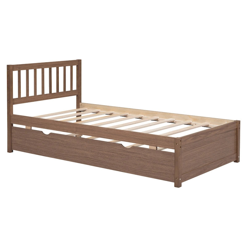 Lit jumeau plateforme en noyer brun avec lit gigogne et tête de lit en forme de clôture - Design moderne et peu encombrant