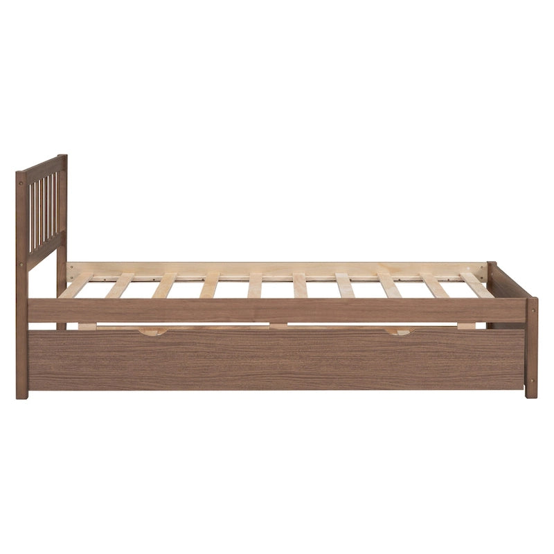 Lit jumeau plateforme en noyer brun avec lit gigogne et tête de lit en forme de clôture - Design moderne et peu encombrant