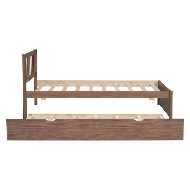 Lit jumeau plateforme en noyer brun avec lit gigogne et tête de lit en forme de clôture - Design moderne et peu encombrant