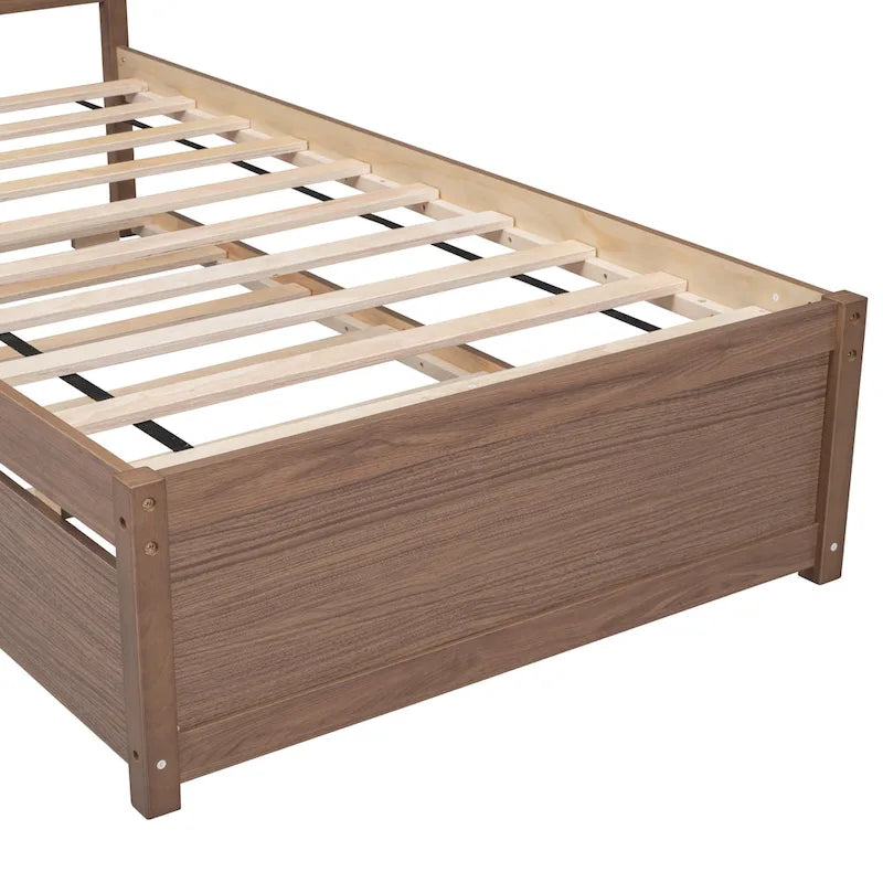Lit jumeau plateforme en noyer brun avec lit gigogne et tête de lit en forme de clôture - Design moderne et peu encombrant
