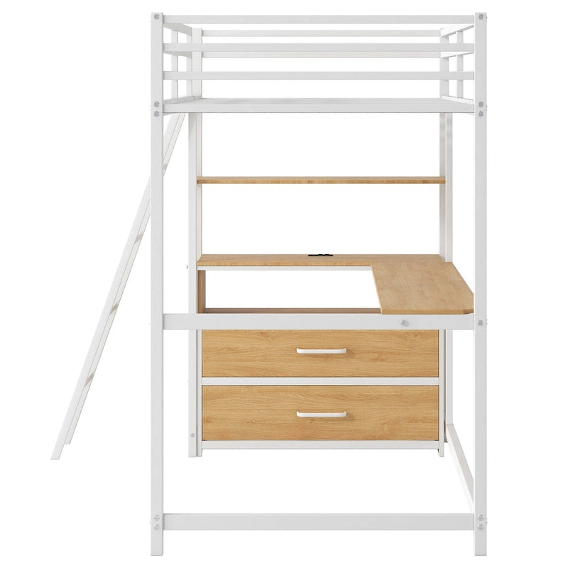 Lit mezzanine en métal et bois, format jumeau, chêne naturel et blanc antique, avec bureau, étagères, lumière LED et recharge USB