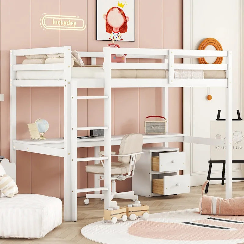 Lit mezzanine blanc double en bois avec bureau, rangement et échelle
