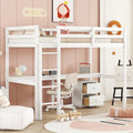 Lit mezzanine blanc double en bois avec bureau, rangement et échelle