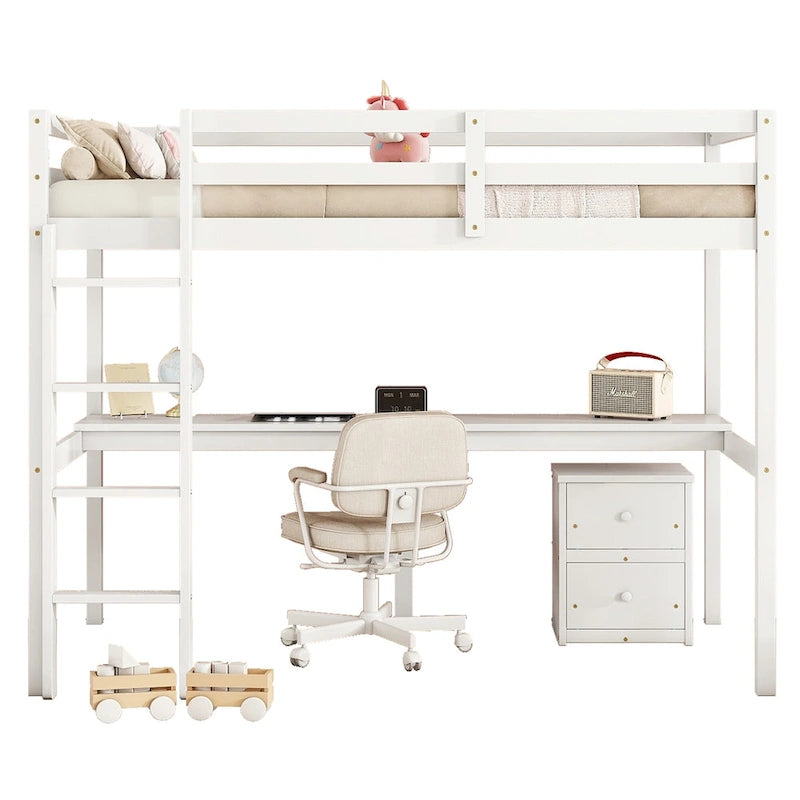 Lit mezzanine blanc double en bois avec bureau, rangement et échelle