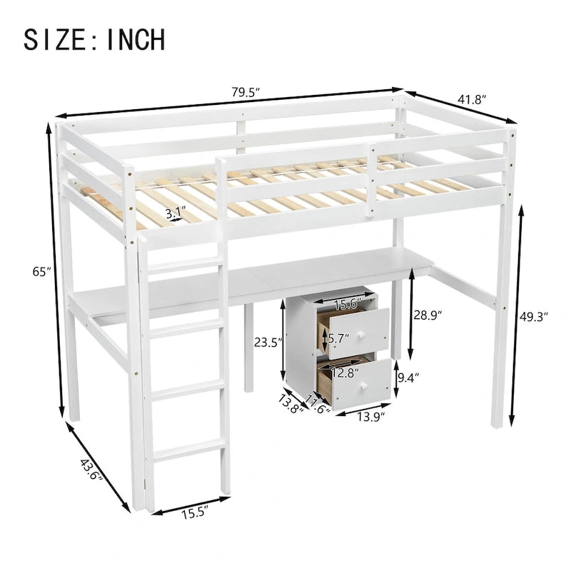 Lit mezzanine blanc double en bois avec bureau, rangement et échelle