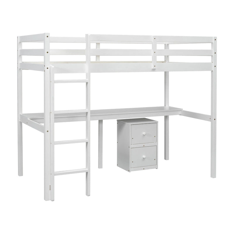 Lit mezzanine blanc double en bois avec bureau, rangement et échelle