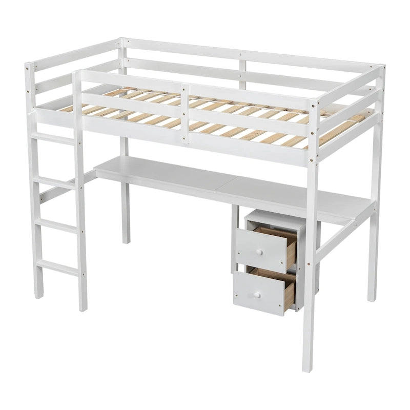 Lit mezzanine blanc double en bois avec bureau, rangement et échelle