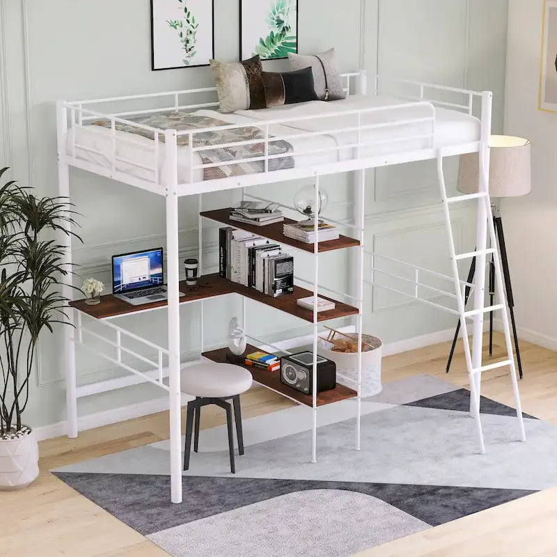 Lit mezzanine double en métal avec bureau et étagères